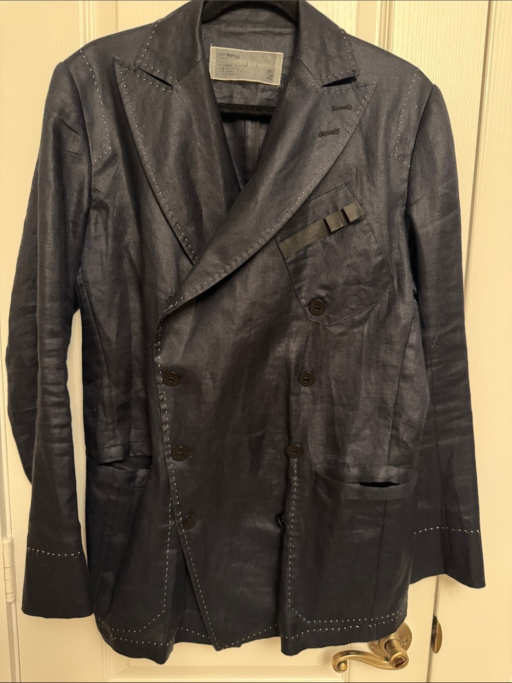 G-Star Men's Dark Navy Double-Breasted 100% Linen Blazer